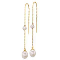 14k Polished 4-5mm Near Round and 7-8mm Teardrop White Freshwater Cultured Pearl and Chain Threader Earrings