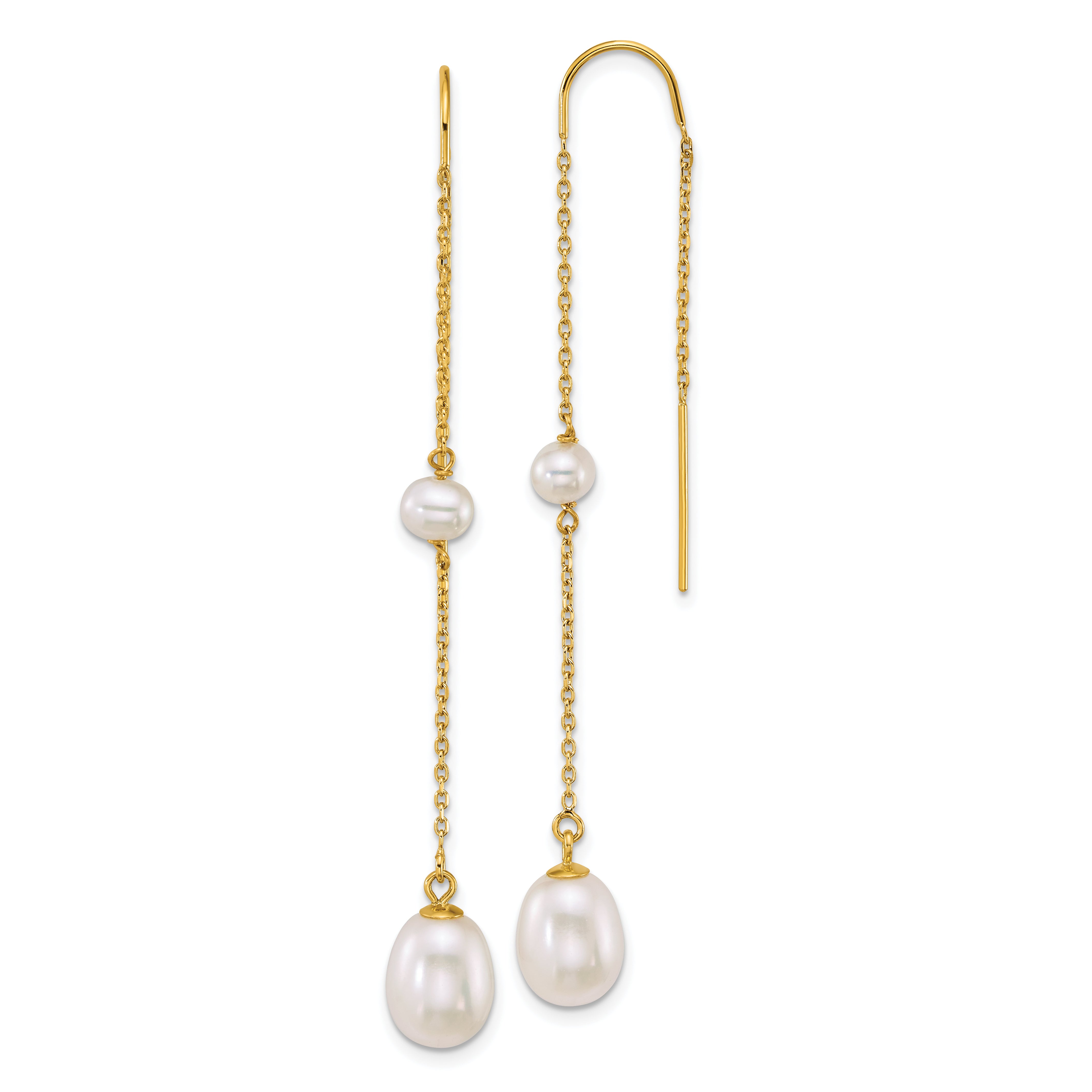 14k Polished 4-5mm Near Round and 7-8mm Teardrop White Freshwater Cultured Pearl and Chain Threader Earrings