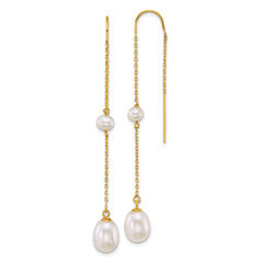 14k Polished 4-5mm Near Round and 7-8mm Teardrop White Freshwater Cultured Pearl and Chain Threader Earrings
