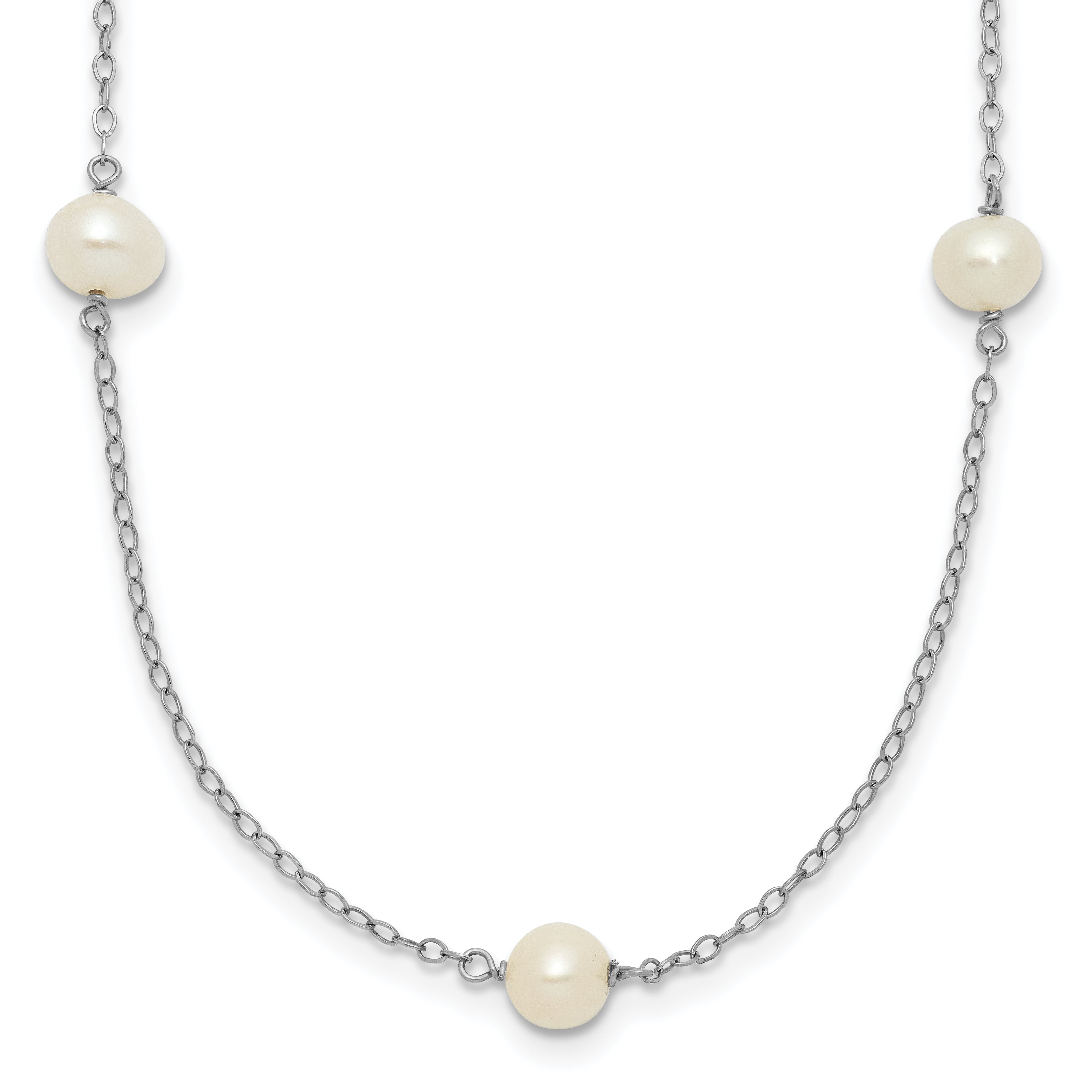 14k White Gold 5-6mm White Round Freshwater Cultured Pearl 7-station 18 inch Necklace