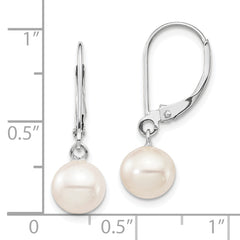 14k White Gold 7-8mm White Round Freshwater Cultured Pearl Dangle Leverback Earrings