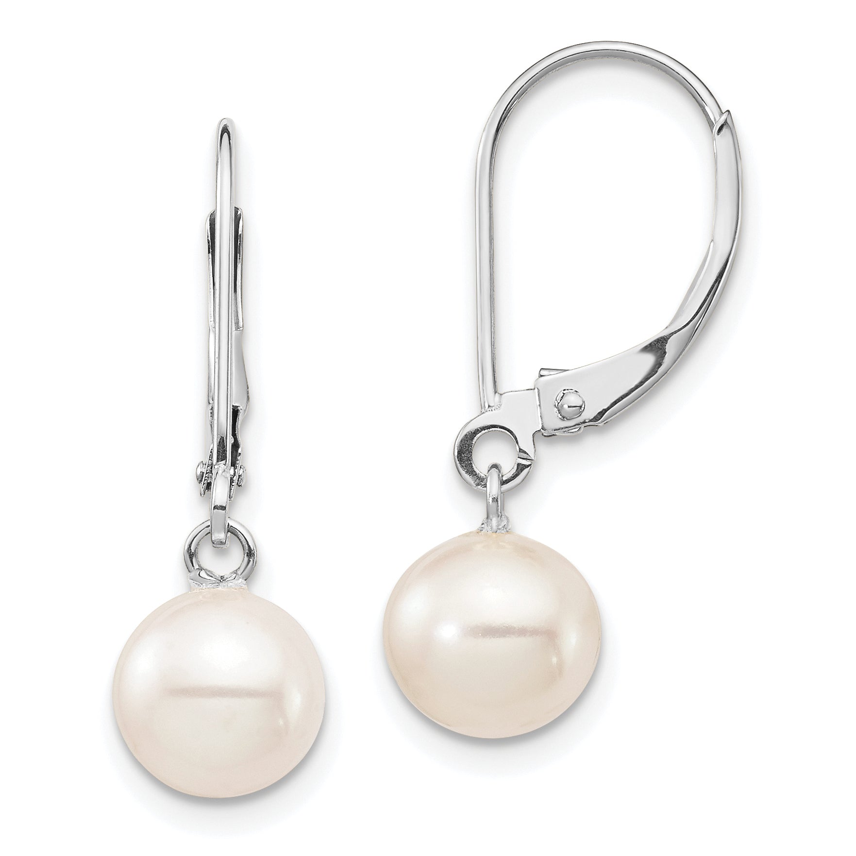 14k White Gold 7-8mm White Round Freshwater Cultured Pearl Dangle Leverback Earrings