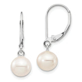 14k White Gold 7-8mm White Round Freshwater Cultured Pearl Dangle Leverback Earrings