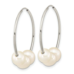 14k White Gold 6-7mm White Semi-Round Freshwater Cultured 3 Pearl Hoop Earrings