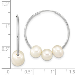 14k White Gold 6-7mm White Semi-Round Freshwater Cultured 3 Pearl Hoop Earrings