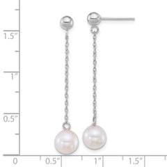 14k White Gold Polished 6.5-7mm White Round Akoya Saltwater Cultured Pearl Chain Dangle Post Earrings