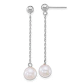 14k White Gold Polished 6.5-7mm White Round Akoya Saltwater Cultured Pearl Chain Dangle Post Earrings