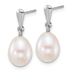 14k White Gold Polished 8-9mm Rice White Freshwater Cultured Pearl Dangle Post Earrings