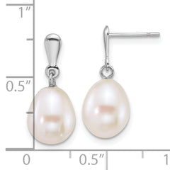 14k White Gold Polished 8-9mm Rice White Freshwater Cultured Pearl Dangle Post Earrings