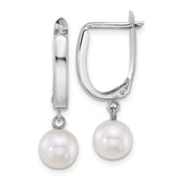 14k White Gold Polished 7-8mm Round White Freshwater Cultured Pearl Dangle Hoop Earrings