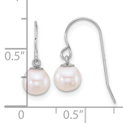14k White Gold Polished 6-7mm Round White Freshwater Culture Pearl Dangle Shepherd Hook Earrings