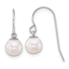 14k White Gold Polished 6-7mm Round White Freshwater Culture Pearl Dangle Shepherd Hook Earrings