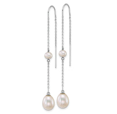 14k White Gold Polished 4-5mm Near Round and 7-8mm Teardrop White Freshwater Cultured Pearl and Chain Threader Earrings