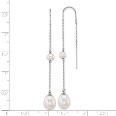 14k White Gold Polished 4-5mm Near Round and 7-8mm Teardrop White Freshwater Cultured Pearl and Chain Threader Earrings