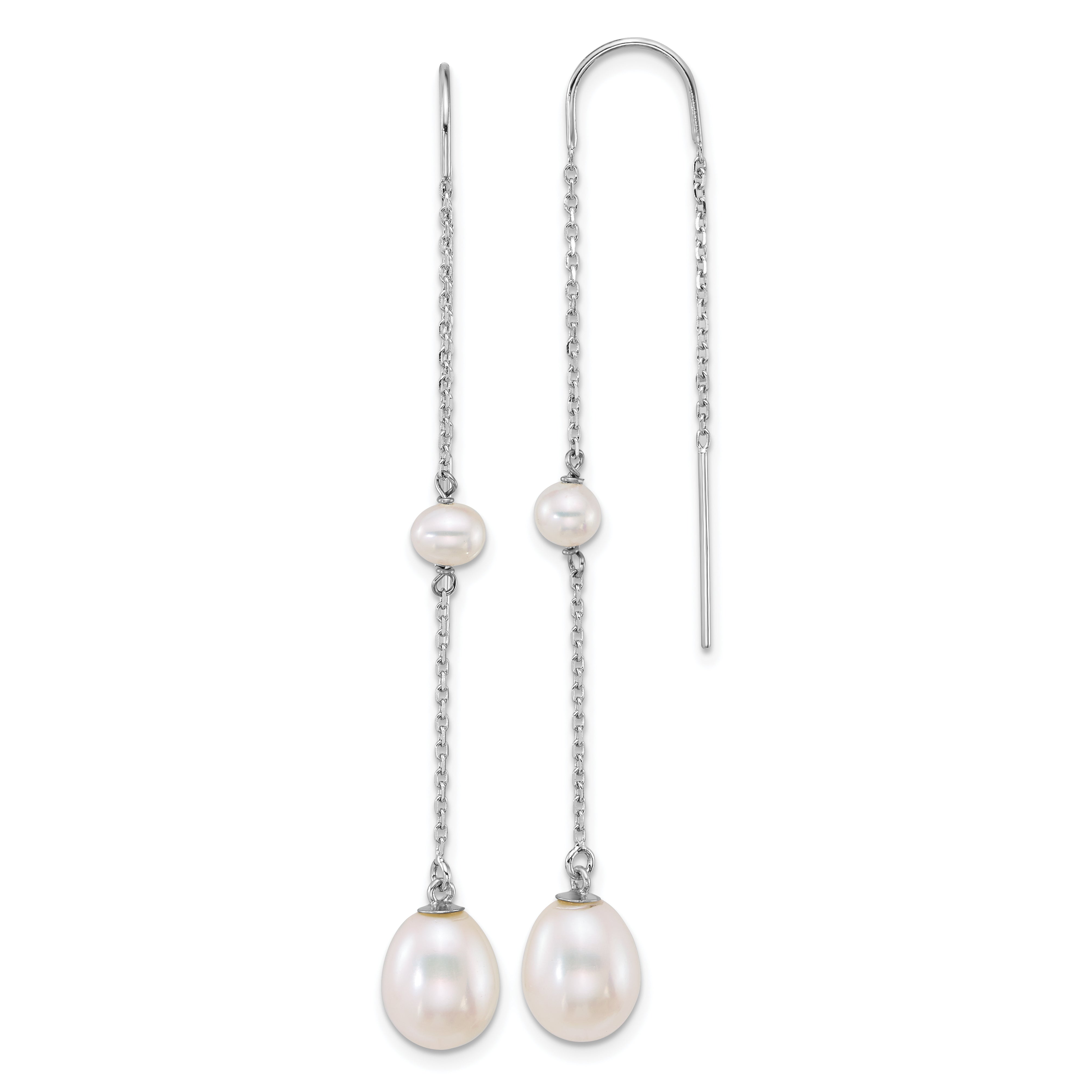 14k White Gold Polished 4-5mm Near Round and 7-8mm Teardrop White Freshwater Cultured Pearl and Chain Threader Earrings