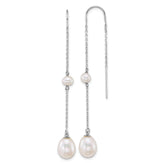14k White Gold Polished 4-5mm Near Round and 7-8mm Teardrop White Freshwater Cultured Pearl and Chain Threader Earrings