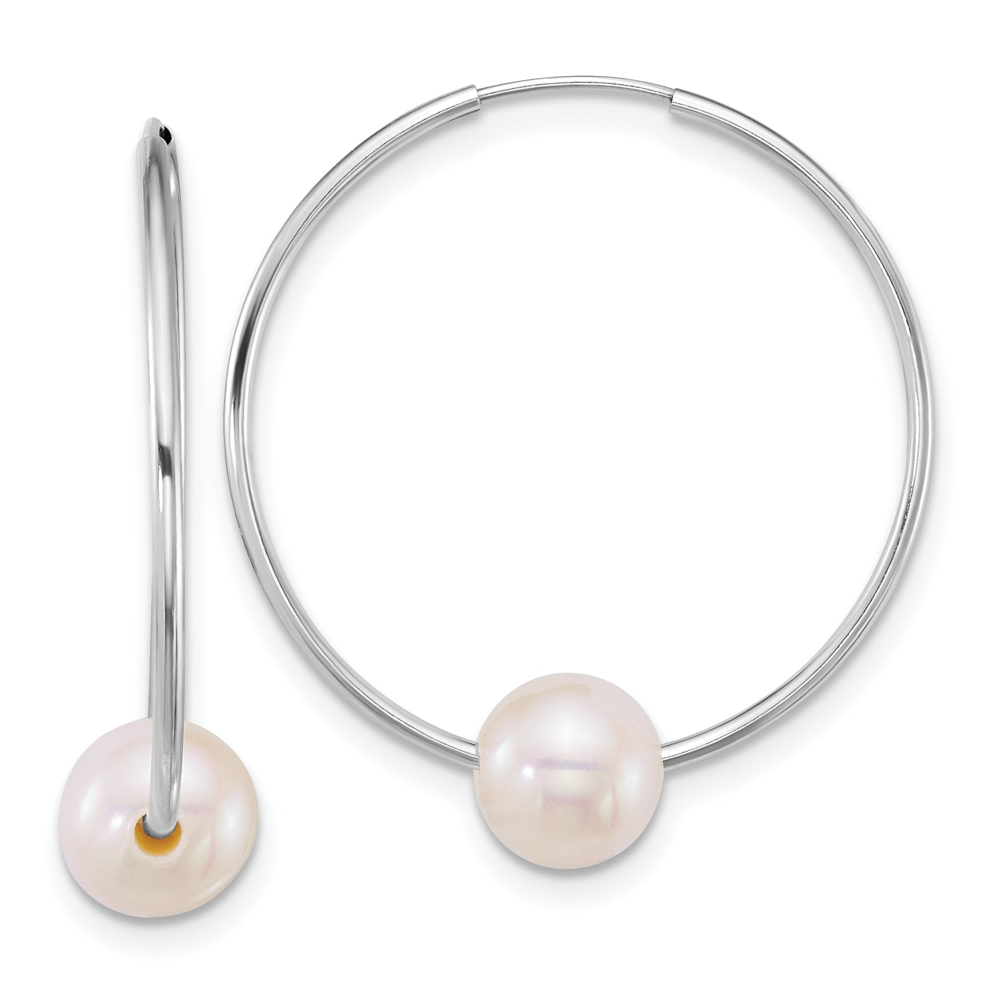 14k White Gold Polished 6-7mm Semi-Round White Freshwater Cultured Pearl Endless Hoop Earrings