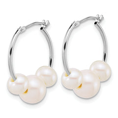 14K White Gold Polished 6-8mm Semi-Round White Freshwater Cultured 3-Pearl Hoop Earrings