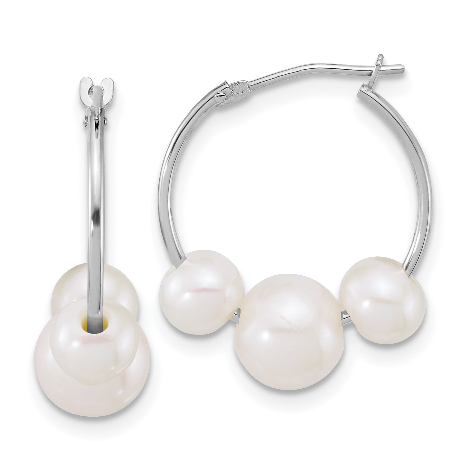 14K White Gold Polished 6-8mm Semi-Round White Freshwater Cultured 3-Pearl Hoop Earrings
