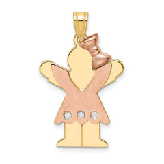 14k Two-tone The Kids Medium Girl with Ruffles and Bow on Right AAA Diamond Love Pendant