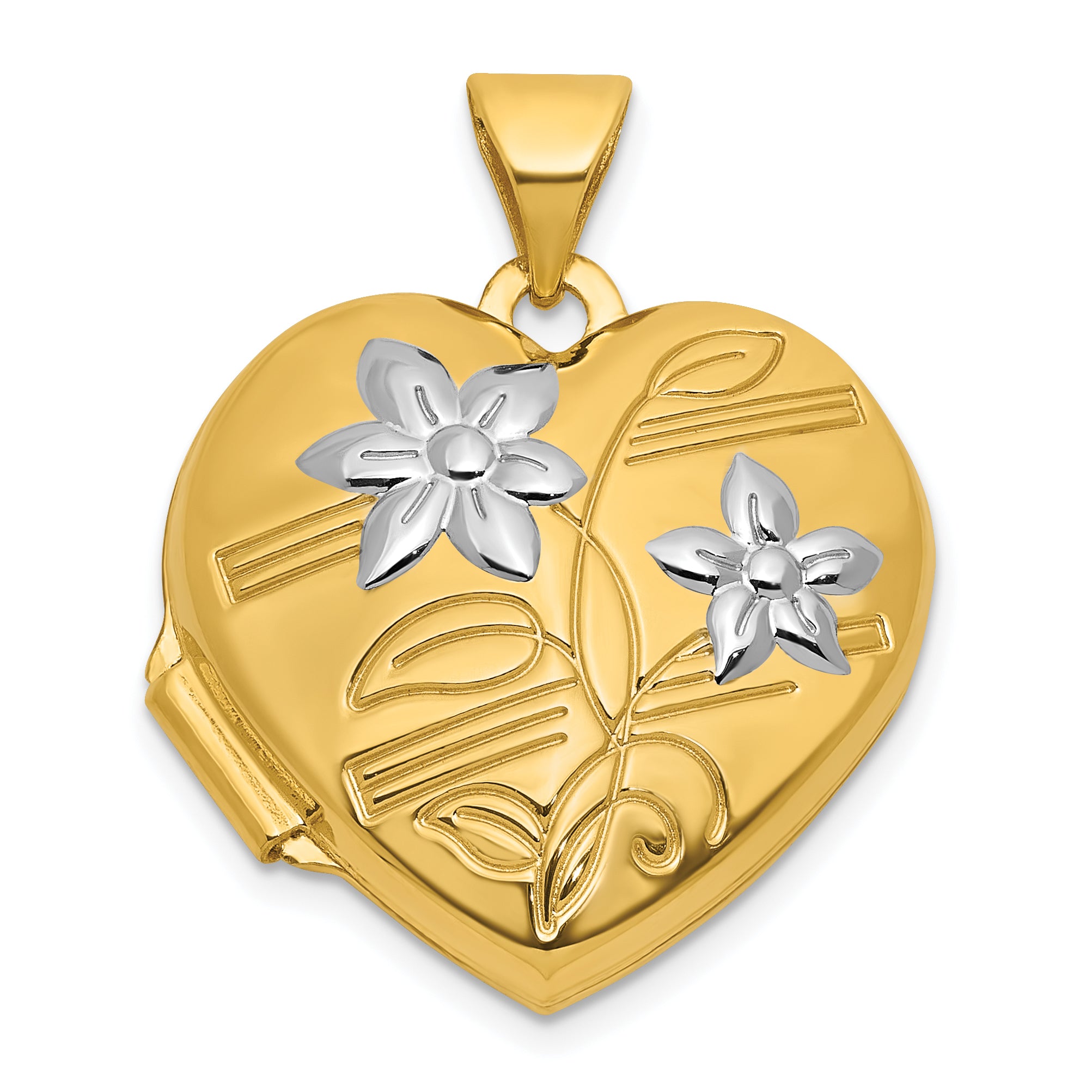 14k and White Rhodium Polished Flowers 18mm Heart Locket