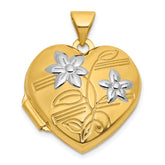 14k and White Rhodium Polished Flowers 18mm Heart Locket