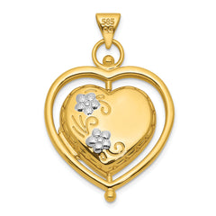 14k and White Rhodium Tree of Life and Flowers in Spinning Frame Reversible 15mm Heart Locket