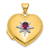 14k and White Rhodium Starburst and Round Lab Created Ruby 18mm Heart Locket