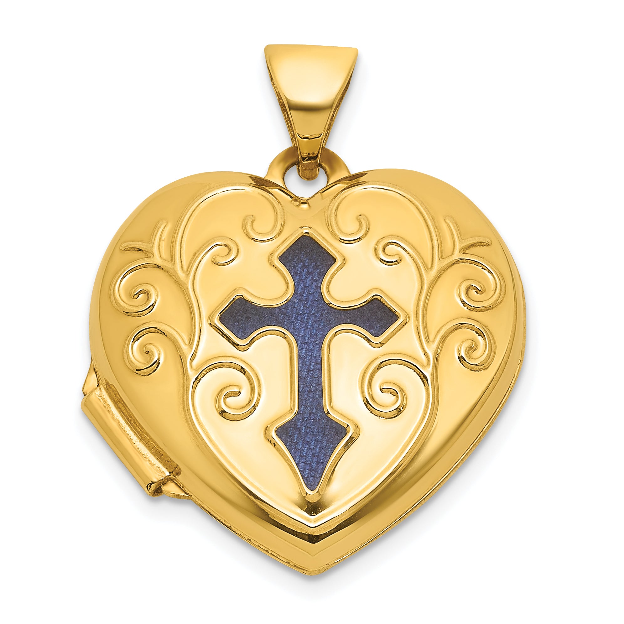 14k Polished Open Cross with Blue Fabric Interior 18mm Scrolled Heart Locket