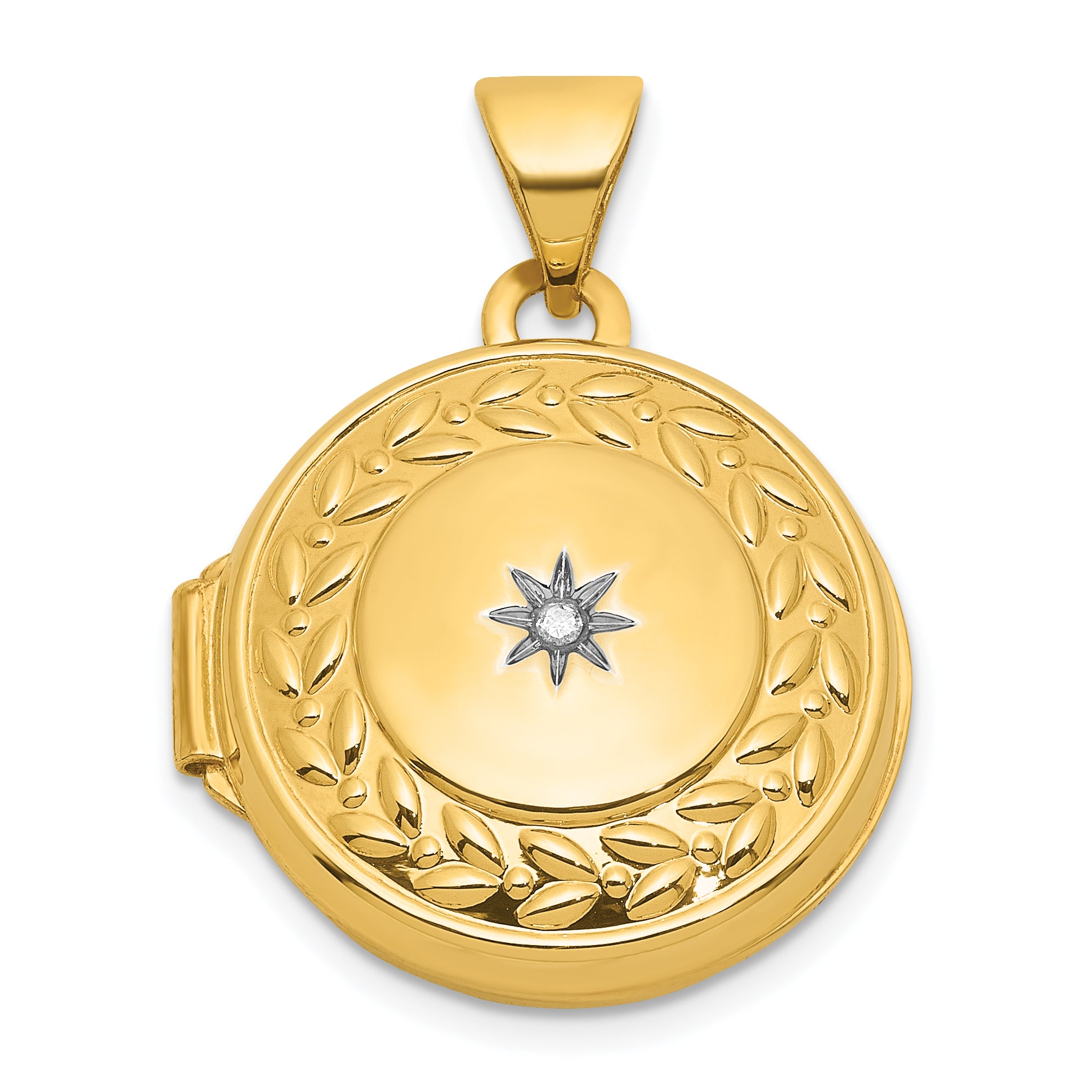 14k Polished Half Point Diamond Leaf Border 16mm Round Locket