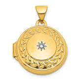 14k Polished Half Point Diamond Leaf Border 16mm Round Locket