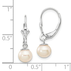 14k White Gold 6-7mm White Round Freshwater Cultured Pearl Dangle Leverback Earrings