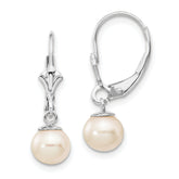 14k White Gold 6-7mm White Round Freshwater Cultured Pearl Dangle Leverback Earrings