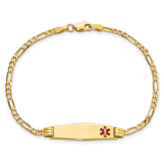 14K Medical Solid Chain/Solid Plate 26x7mm Soft Diamond Shape Off-Center Red Enamel Figaro Link 7 inch ID Bracelet