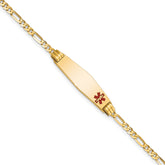 14K Medical Solid Chain/Solid Plate 26x7mm Soft Diamond Shape Off-Center Red Enamel Figaro Link 7 inch ID Bracelet