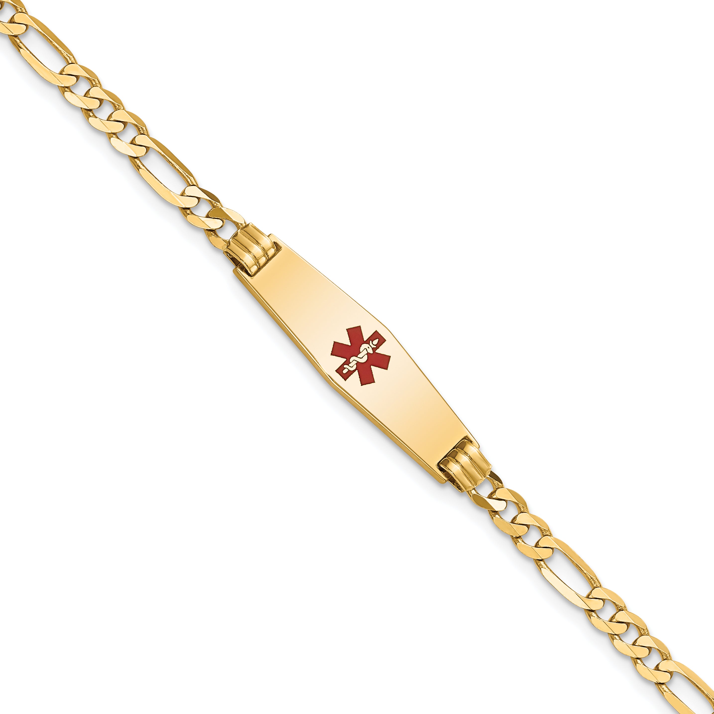 14K Medical Solid Chain/Solid Plate 24x7mm Soft Diamond Shape Centered Red Enamel Figaro Link 7 inch ID Bracelet