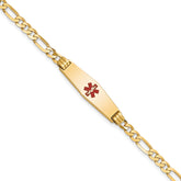 14K Medical Solid Chain/Solid Plate 24x7mm Soft Diamond Shape Centered Red Enamel Figaro Link 7 inch ID Bracelet
