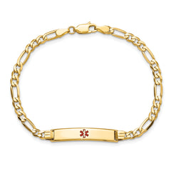 14K Medical Solid Chain/Solid Plate 26x5mm Centered Red Enamel Figaro Link 7 inch ID Bracelet