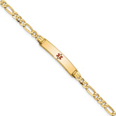 14K Medical Solid Chain/Solid Plate 26x5mm Centered Red Enamel Figaro Link 7 inch ID Bracelet