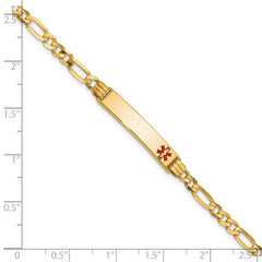 14K Medical Solid Chain/Solid Plate 26x5mm Off-Center Red Enamel Figaro Link 7 inch ID Bracelet
