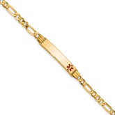 14K Medical Solid Chain/Solid Plate 26x5mm Off-Center Red Enamel Figaro Link 7 inch ID Bracelet