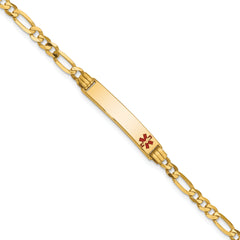 14K Medical Solid Chain/Solid Plate 26x5mm Off-Center Red Enamel Figaro Link 7 inch ID Bracelet