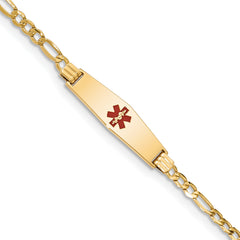 14K Medical Semi-Solid Chain/Solid Plate 26x7mm Soft Diamond Shape Centered Red Enamel Figaro Link 7 inch ID Bracelet