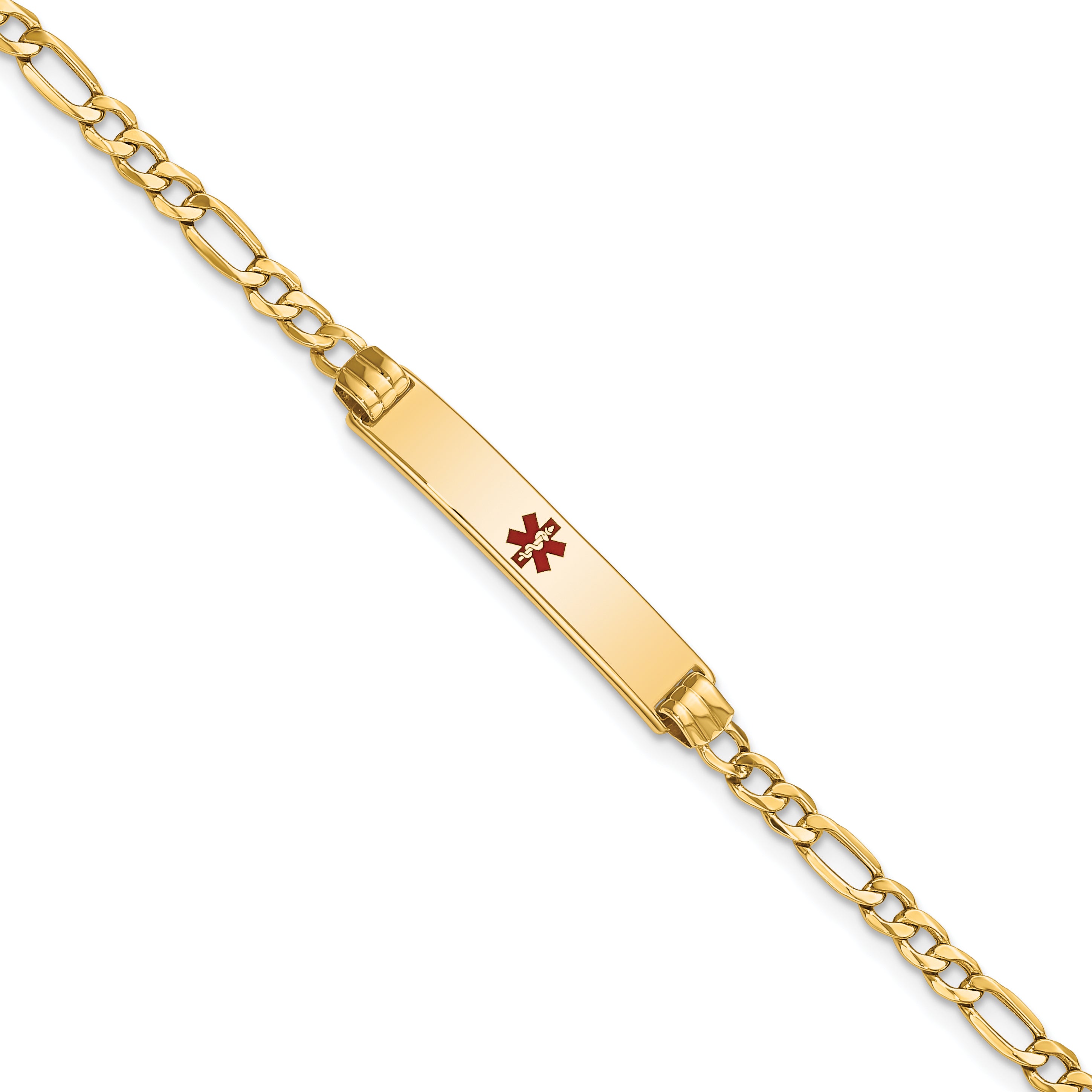 14K Medical Semi-Solid Chain/Solid Plate 26x5mm Centered Red Enamel Figaro Link 7 inch ID Bracelet