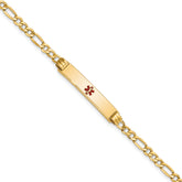 14K Medical Semi-Solid Chain/Solid Plate 26x5mm Centered Red Enamel Figaro Link 7 inch ID Bracelet