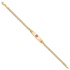 14K Medical Semi-Solid Chain/Solid Plate 26x7mm Soft Diamond Shape Centered Red Enamel Cuban Link 7 inch ID Bracelet
