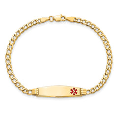 14K Medical Semi-Solid Chain/Solid Plate 26x7mm Soft Diamond Shape Off-Center Red Enamel Cuban Link 7 inch ID Bracelet