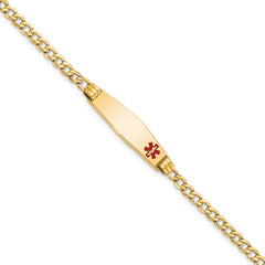 14K Medical Semi-Solid Chain/Solid Plate 26x7mm Soft Diamond Shape Off-Center Red Enamel Cuban Link 7 inch ID Bracelet