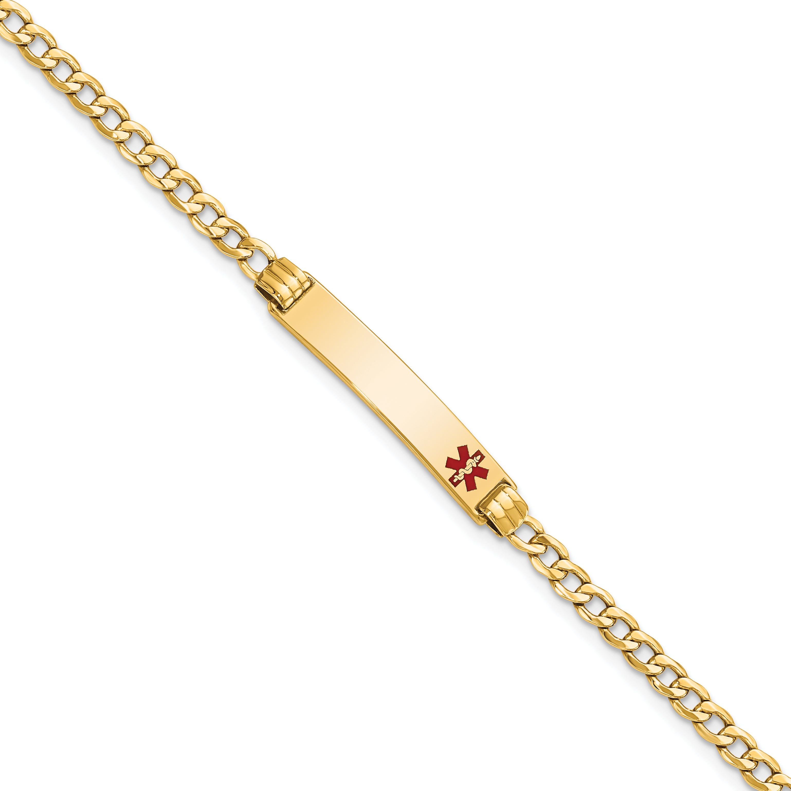 14k Medical Semi-Solid Chain/Solid Plate 26x5mm Off-Center Red Enamel Cuban Link 7 inch ID Bracelet
