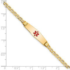 14K Medical Semi-Solid Chain/Solid Plate 26x7mm Soft Diamond Shape Centered Red Enamel Anchor Link 7 inch ID Bracelet